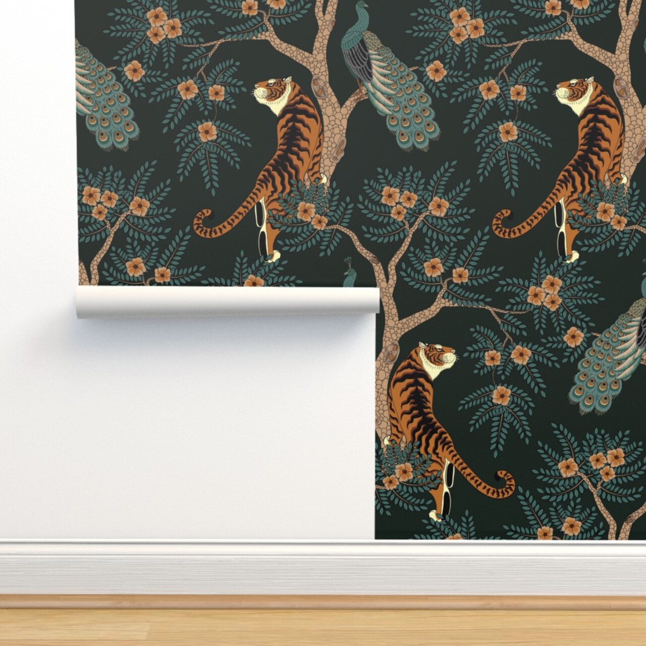 Maximalist Chinoiserie Animalier Tiger Peacock Exotic Jungle Jewel Tones Emerald Green Deep Moody Tropical Custom Removable Wallpaper by Spoonflower Peel & Stick Wallpaper 2FT Wide